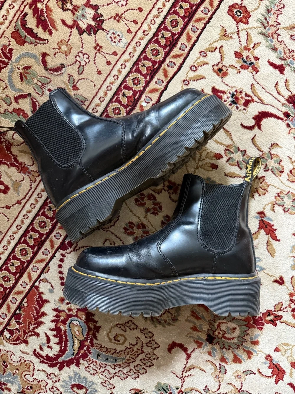 Dr. Martens Black Leather Platform Chelsea Boots with Yellow Stitching